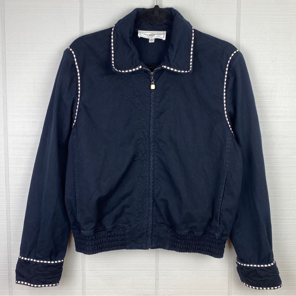 St. John Sport by Marie Gray Black Zip Up Bomber Jacket White Stitching Trim P